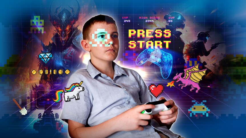 A young boy holding a game controller is pictured against a backdrop of video game scenes.