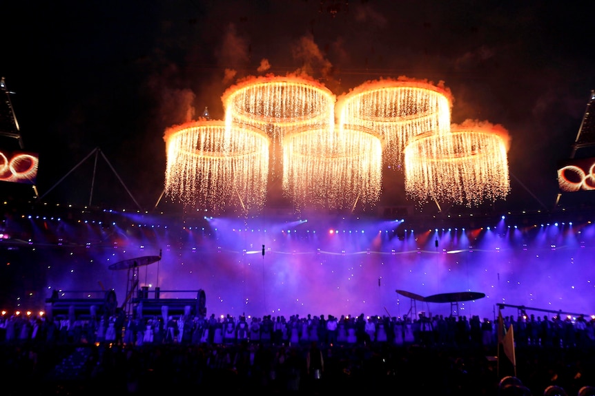 Fireworks fall from the Olympic rings during the opening ceremony of the London 2012 Olympic Games.