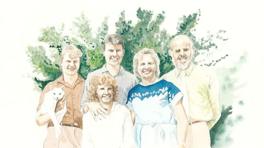 Portrait of Jodee Mundy's family smiling together in the garden. Her brother is holding the deaf cat in his hand too.