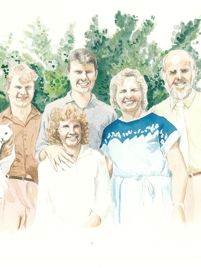 Portrait of Jodee Mundy's family smiling together in the garden. Her brother is holding the deaf cat in his hand too.