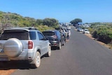 Rows of cars parked on the side of a narrow road, surrounded by native bushland, leading down to a beach.