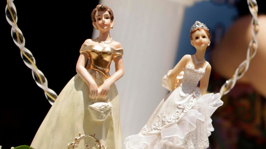 Decoration on the wedding cake of two gay women.