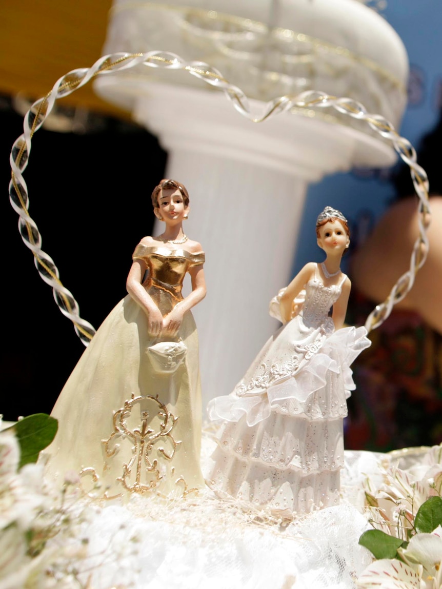 Decoration on the wedding cake of two gay women.