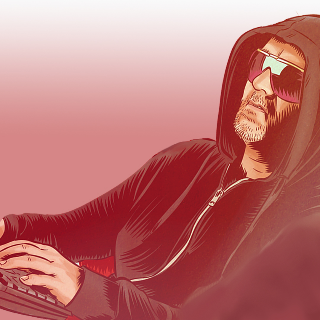 An illustration of a mysterious figure wearing a hooded sweatshirt and seated at a keyboard.