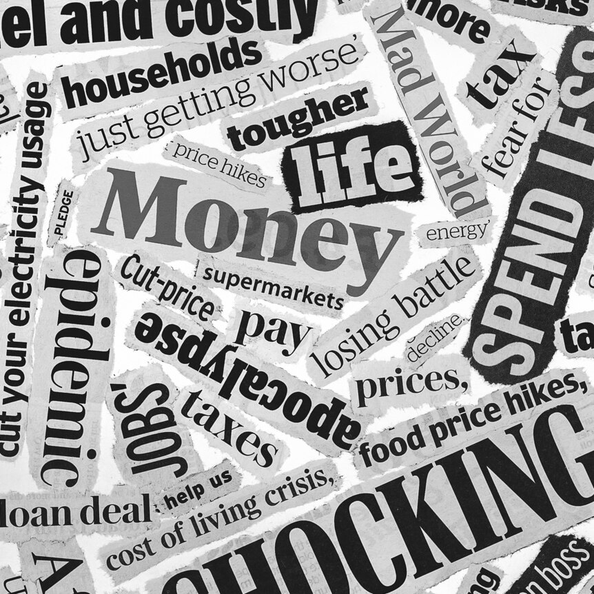 Collage in black and white of negative newspaper headline clippings such as "cost of living crisis", "epidemic" and "apocalypse"