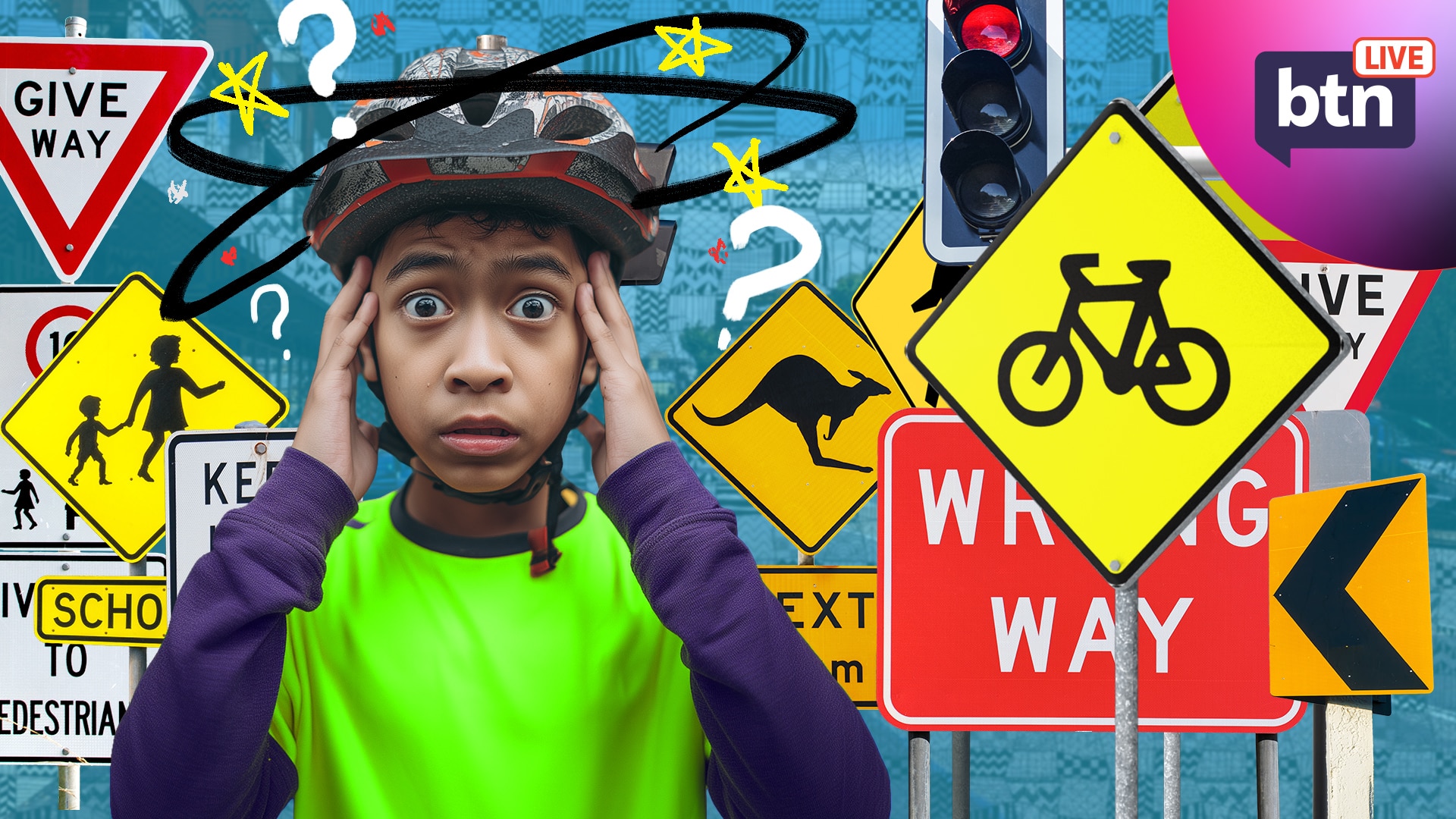 A boy wearing a helmet looks confused while standing amongst a stack of road signs.