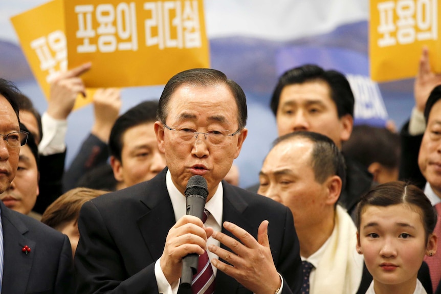 Former UN chief Ban Ki-moon speaks during a news conference.
