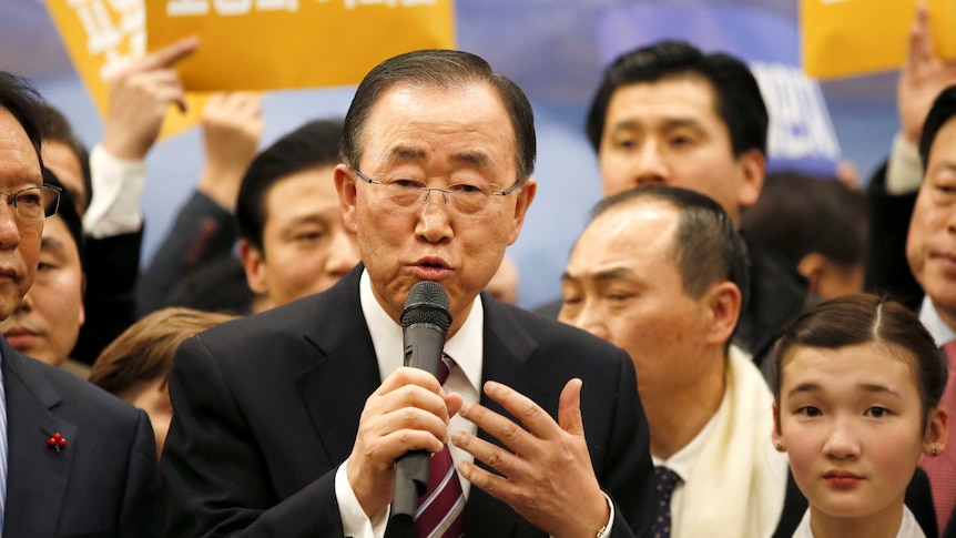 Former UN chief Ban Ki-moon speaks during a news conference.