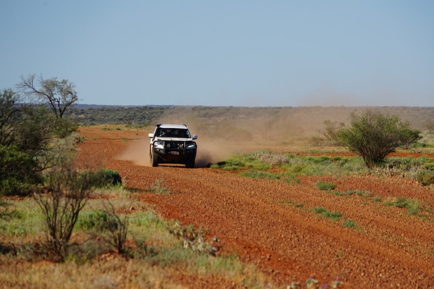 Four-wheel-drive picking up dust as it moves along red dirt track. 