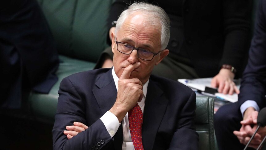 Malcolm Turnbull holds his finger to his face