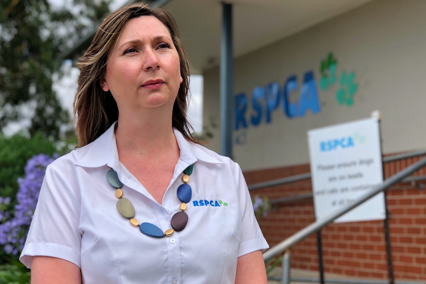 A brown-haired woman wearing a white shirt stands in front of a sign that reads 'RSPCA'