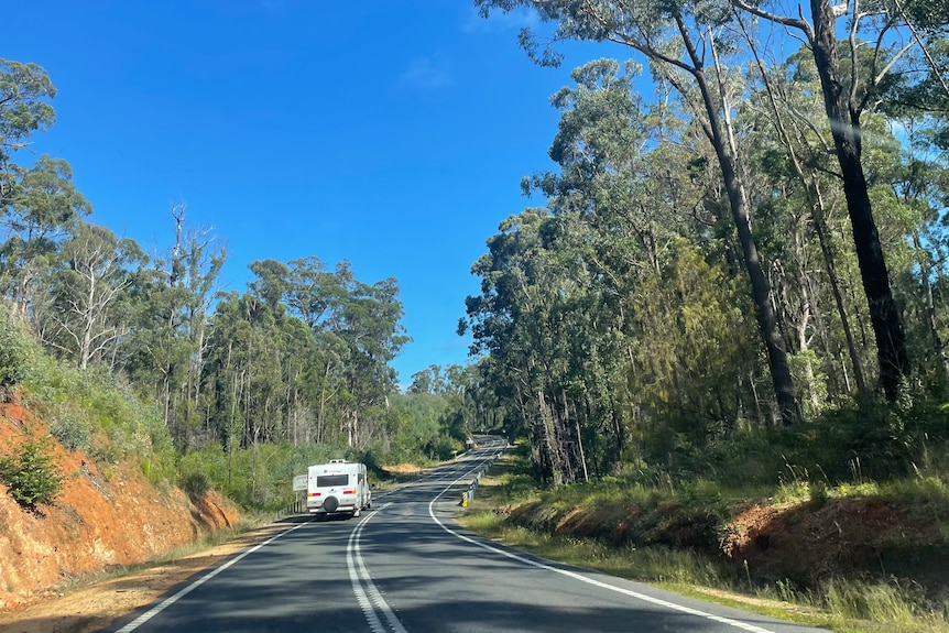 Caravan driving on raod in Cann River