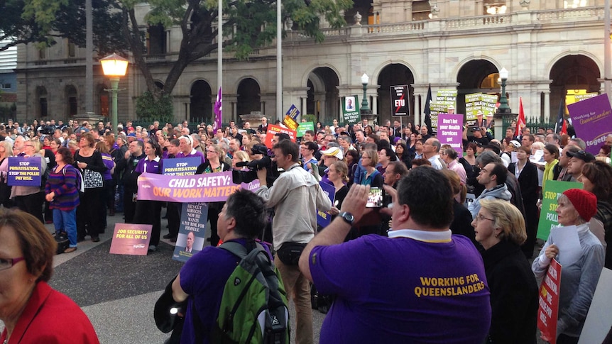 Public sector unionists protest outside State Parliament this afternoon.