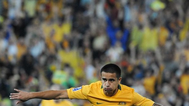Tim Cahill celebrates after scoring a goal.