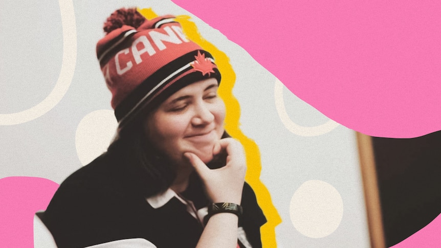 Shoshana smiles and scratches her chin in a beanie, surrounded by colourful graphics.