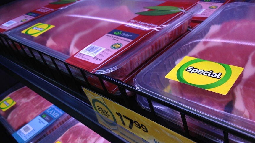 Woolworths brand Australian beef packaged on shelves in a Perth supermarket