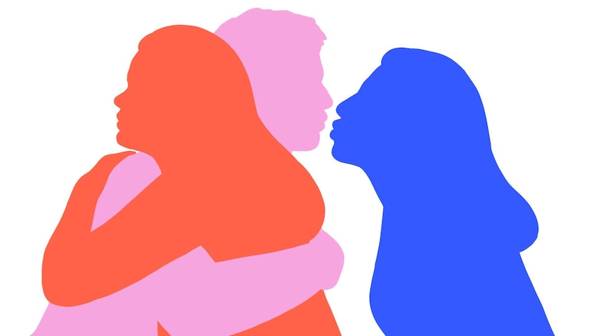 Illustration of man holding woman while kissing another for a story about cheating on someone with sex workers