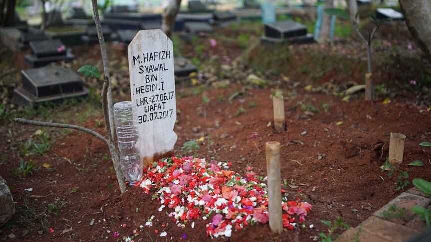 A temporary headstone sits at the head of a tiny grave covered in flowers