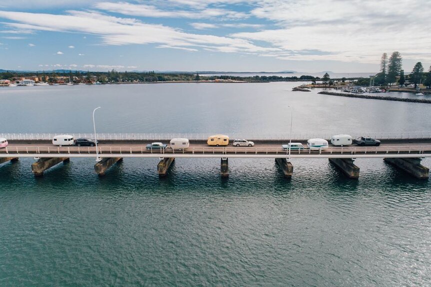 Sunliner Caravans driving across the Forster-Tuncurry Bridge on the NSW Mid North Coast for the 60th anniversary celebration