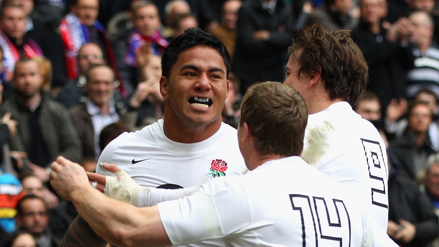 Try time ... Manu Tuilagi (L) of England celebrates his five-pointer