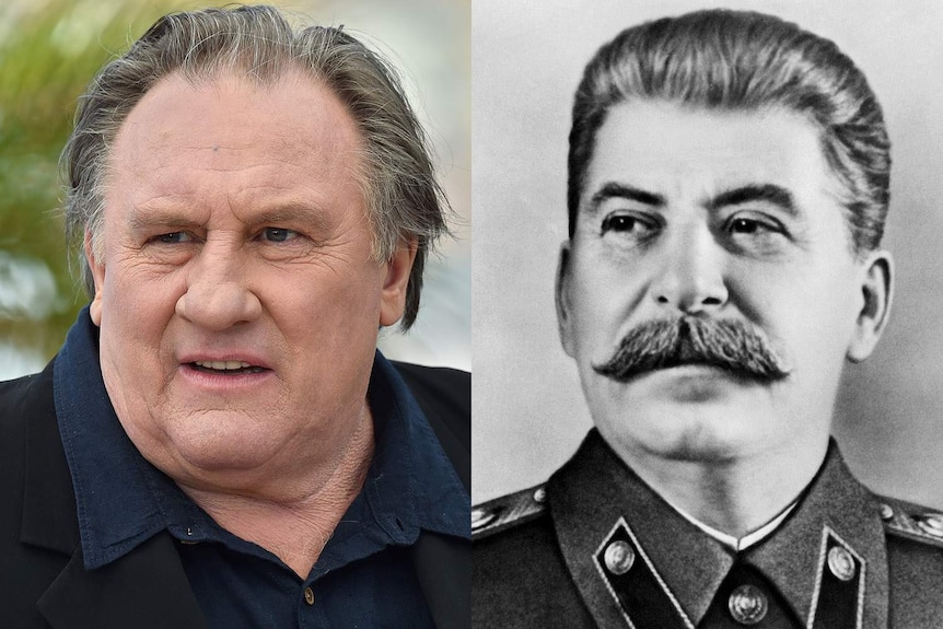 Composite image of French actor Gerard Depardieu and Soviet dictator Joseph Stalin.