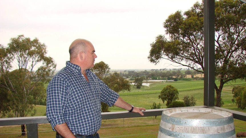 Jason Brown stands on his balcony overlooking his grape vines and dams at Moppity Vineyards near Young New South Wales