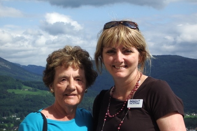 Audrey Dow and her daughter, Angela Mieklejohn, posing for a photo while on a holiday