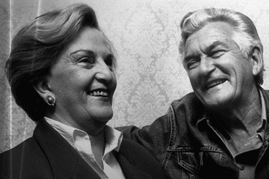 Hazel Hawke and Bob Hawke share a laugh together.