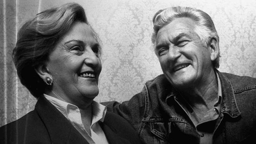 Hazel Hawke and Bob Hawke share a laugh together.