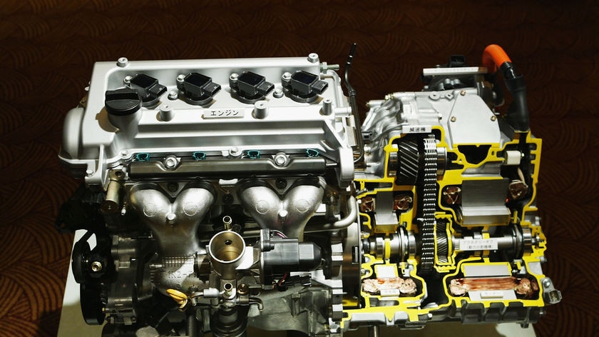 The engine of the new Toyota Prius Hybrid car is displayed at a press conference in Tokyo, Japan, in September, 2003.
