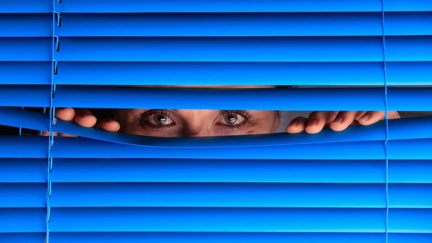 A woman with blue eyes peers through a gap in window blinds. 