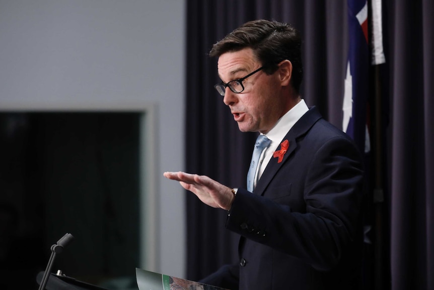 Side angle of Littleproud. Mid-speech, left arm raised chest height with hint of watch peering from his dark navy blue suit.