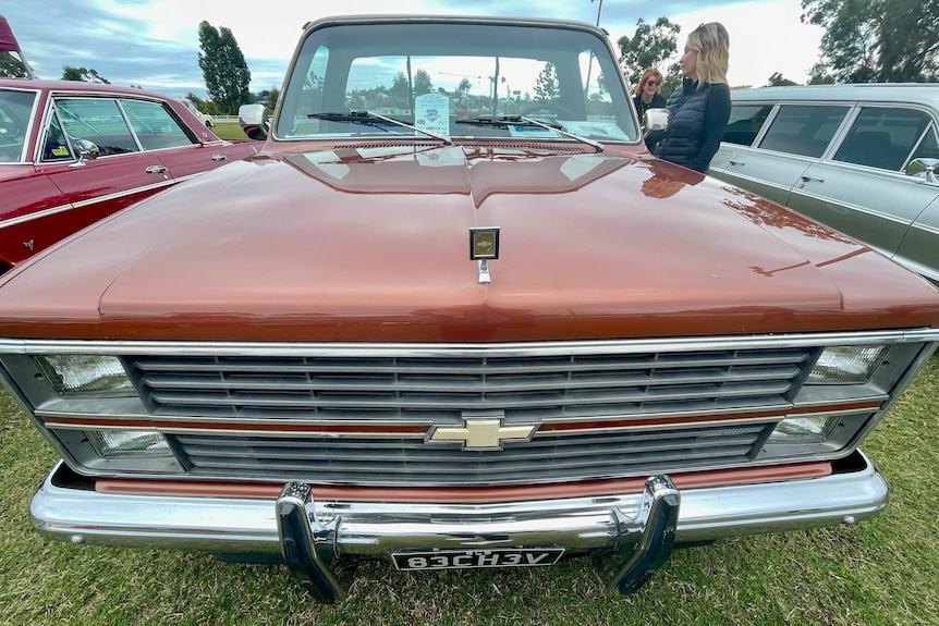 Bonnet of a brown Chevrolet utility vehicle.