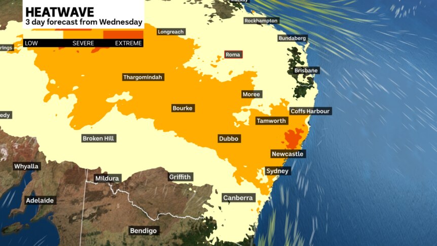 A map of eastern Australia showing the three-day heatwave forecast. Hotter areas are highlighted in shades of red and orange.