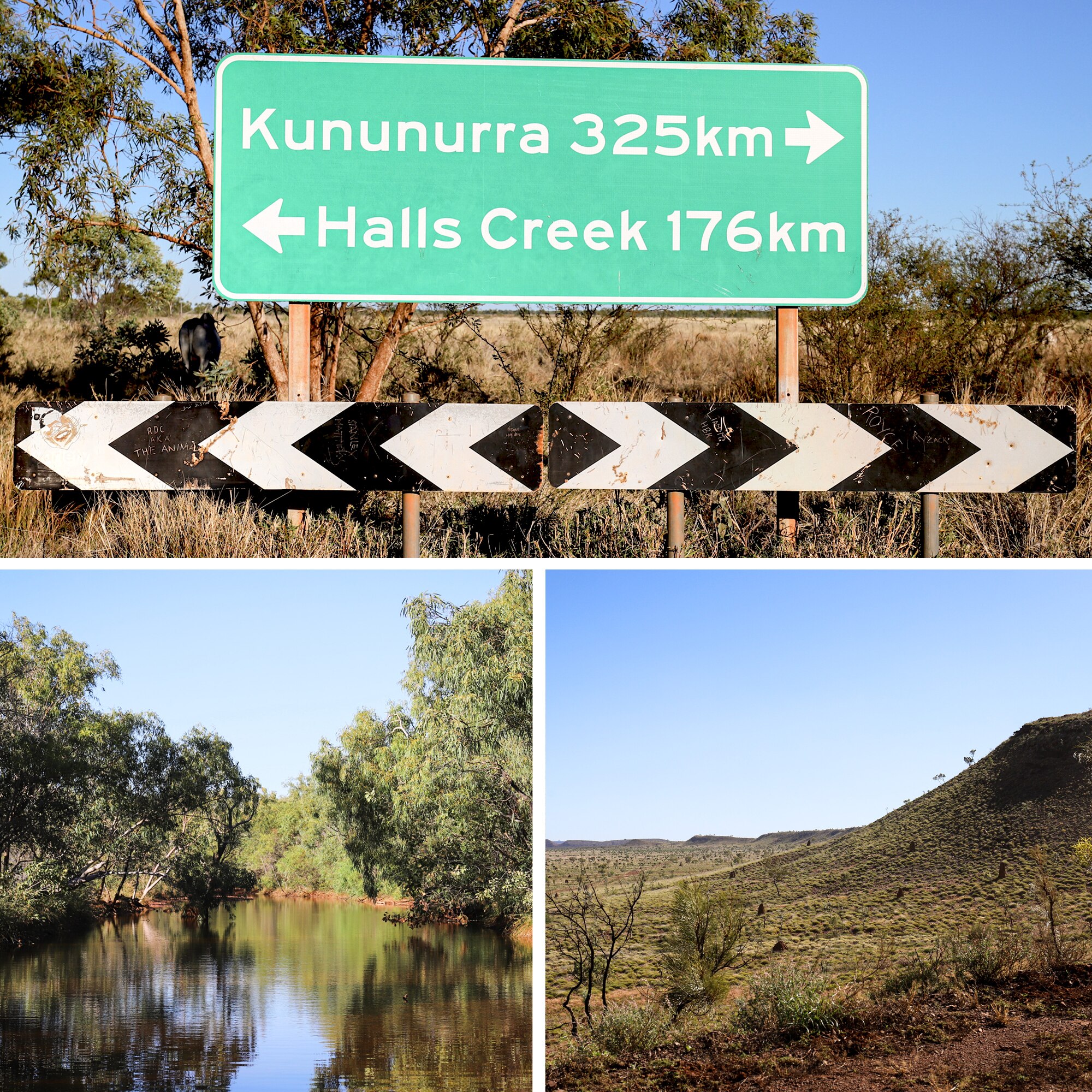 A road sign: "Kununurra 325km" and "Halls Creek 176km". A river lined with lush vegetation. A weathered mountain range.
