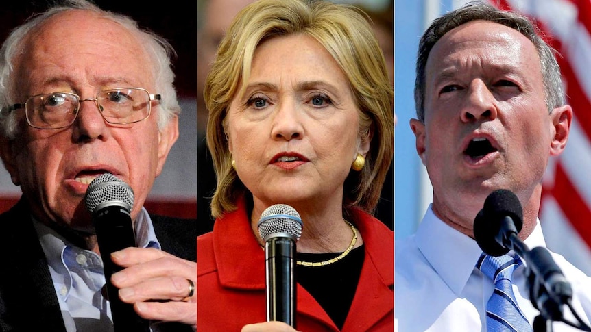 Composite image of democratic Presidential hopefuls Bernie Sanders, Hillary Clinton, and Martin O'Malley.