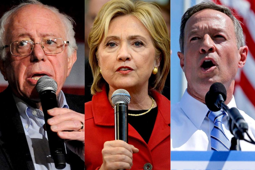 Composite image of democratic Presidential hopefuls Bernie Sanders, Hillary Clinton, and Martin O'Malley.