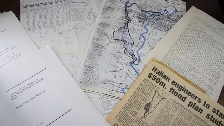 Newspaper cutting and plans documenting a proposal to build a canal to divert Lismore floodwaters