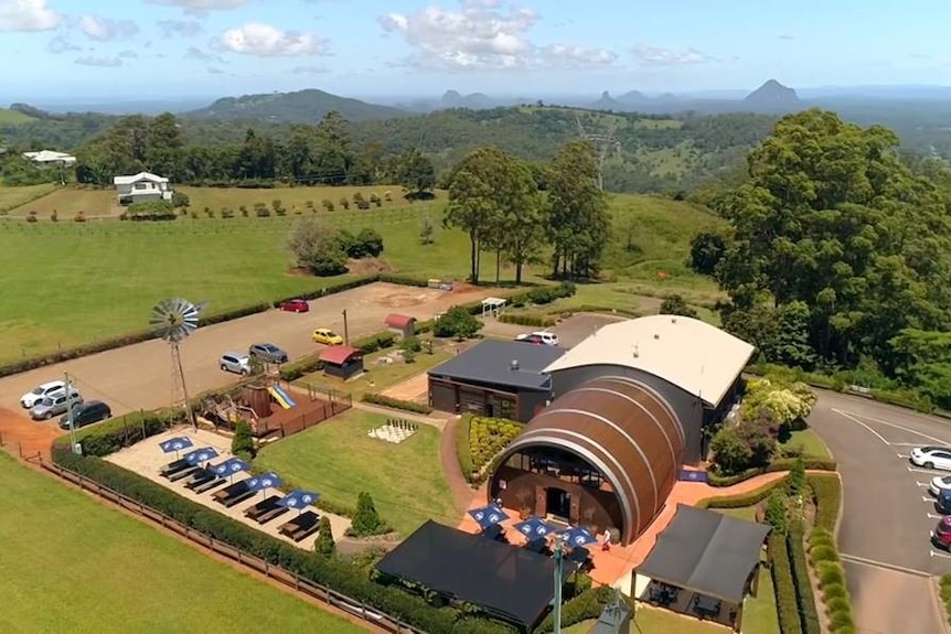 Aerial view of a building in a rural area