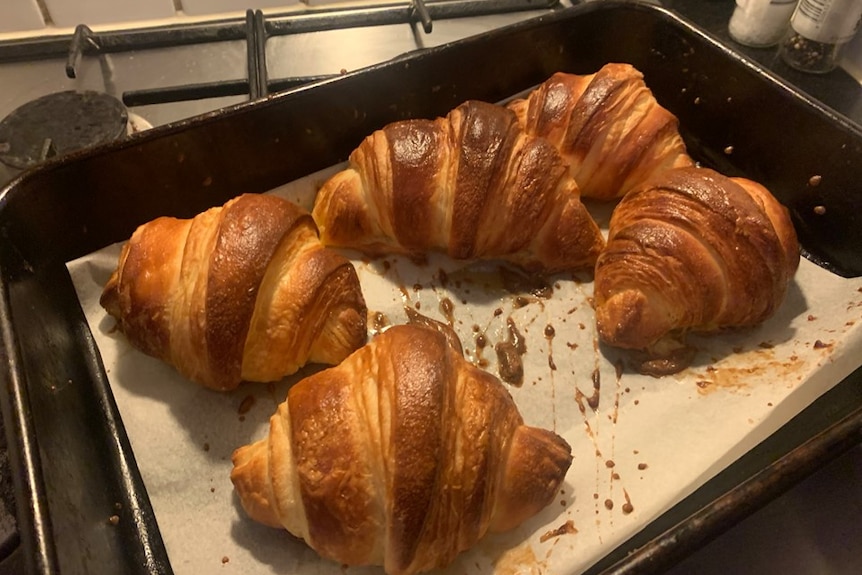 Five croissants on a backing tray