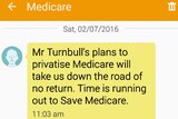 Screen capture of Medicare text message sent on election day