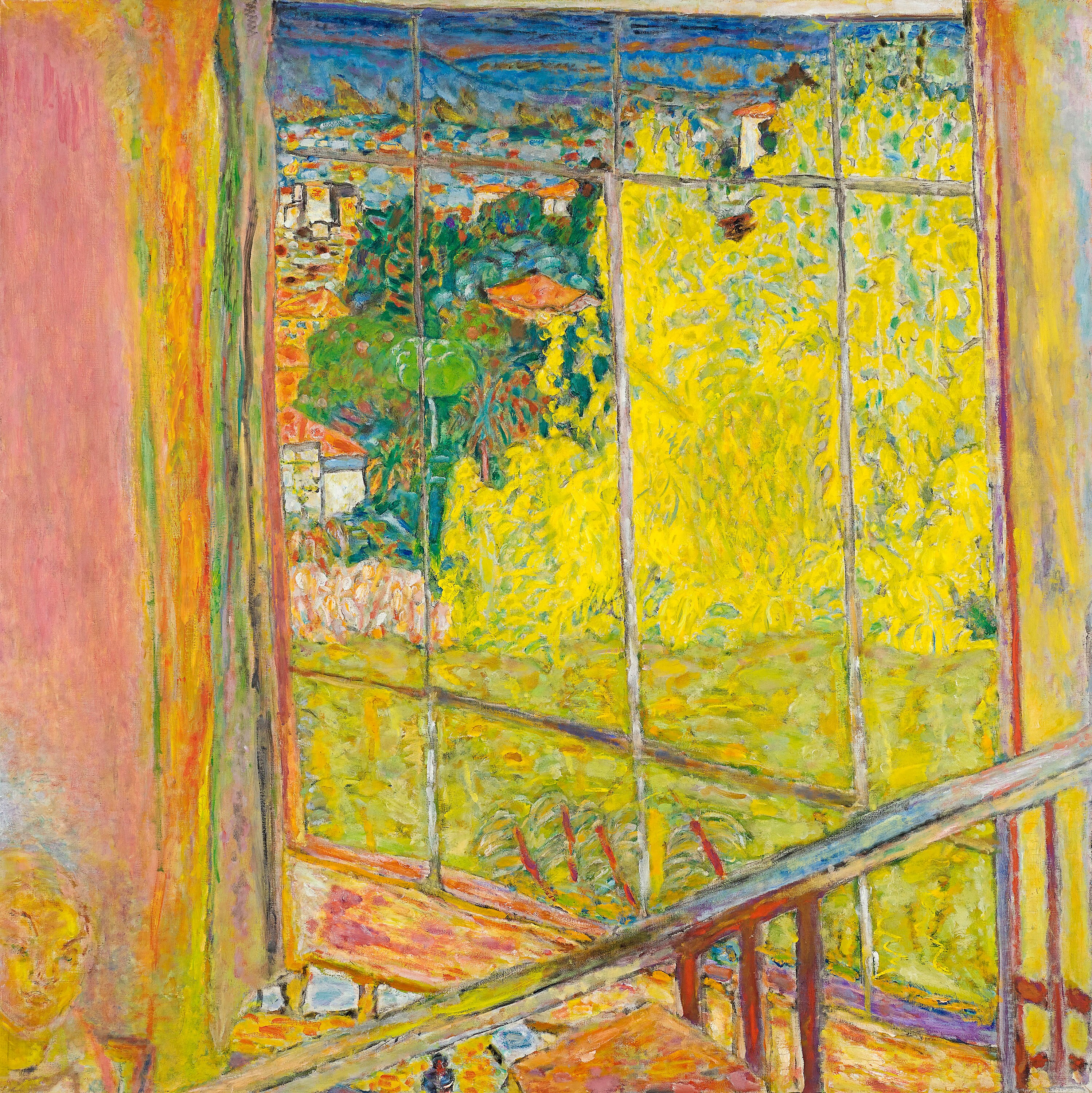 An oil painting showing bright yellow flowering trees through a window.