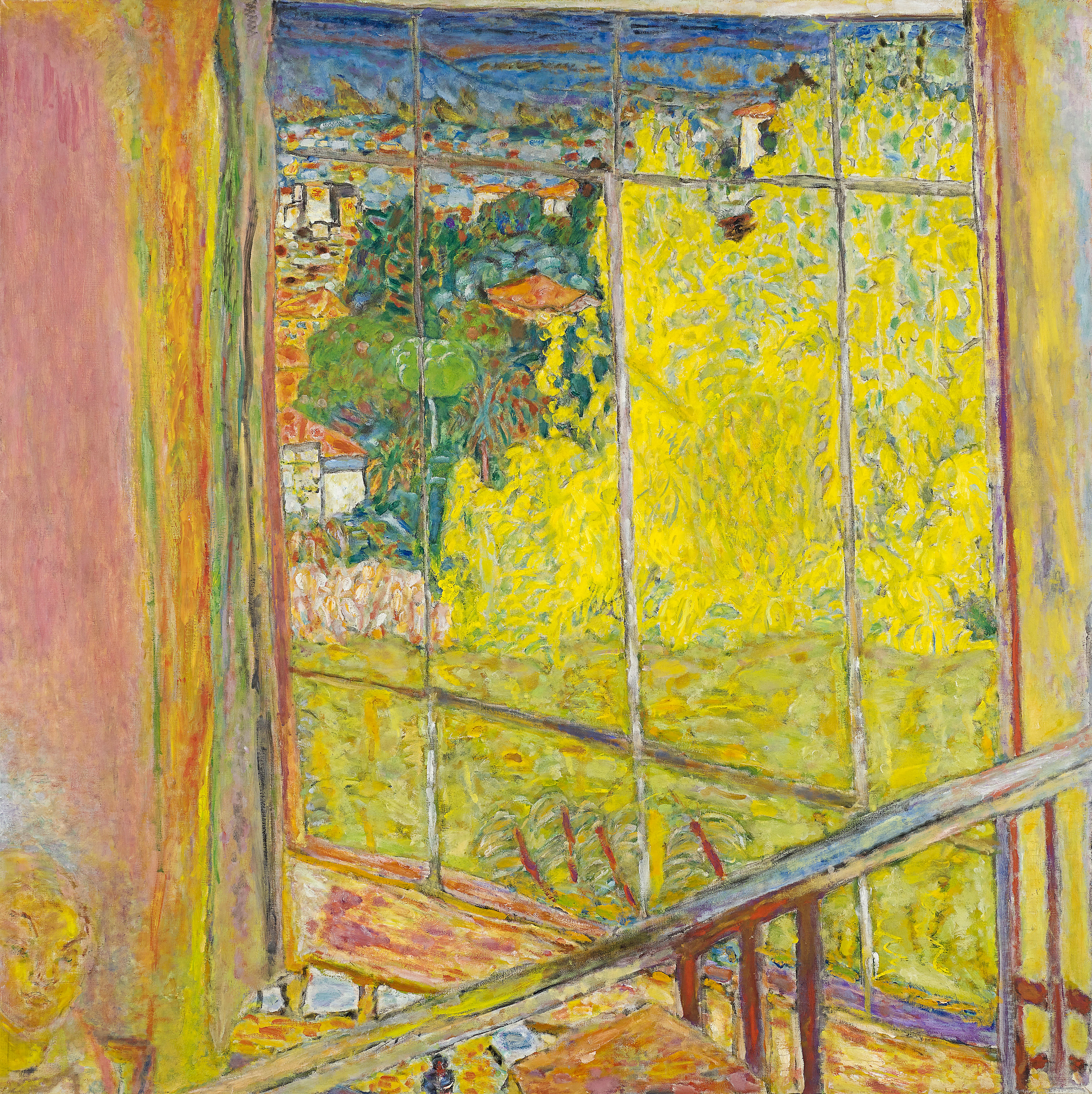 An oil painting showing bright yellow flowering trees through a window.