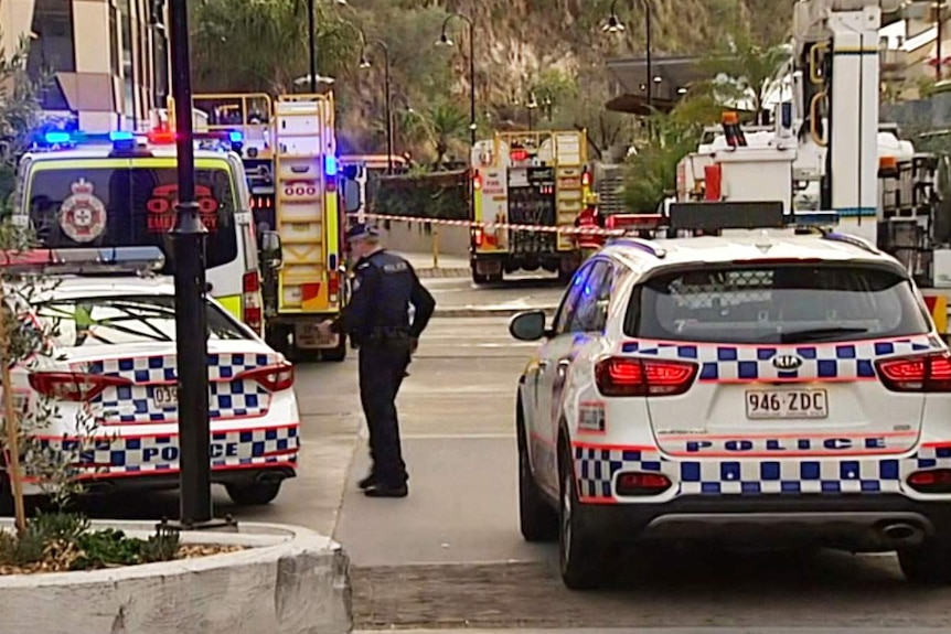 Police and fire authorities at scene of a suspicious fire inside Mr Percival's bar at Howard Smith Wharves in Brisbane.