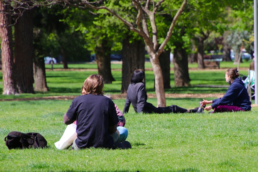 People sit in a green park on a sunny day.