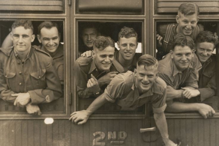 Australian soldiers depart for service on a train