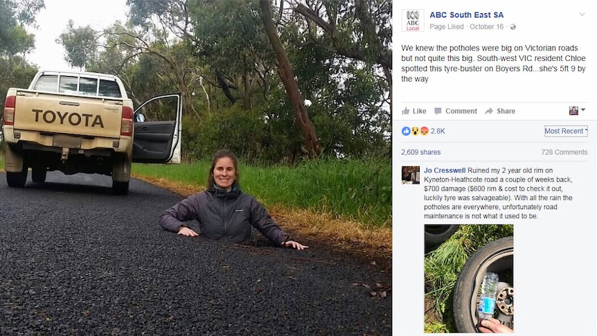 This picture of a Glenelg Shire resident standing chest-deep in a pot hole has reached more than 400,000 Facebook users.
