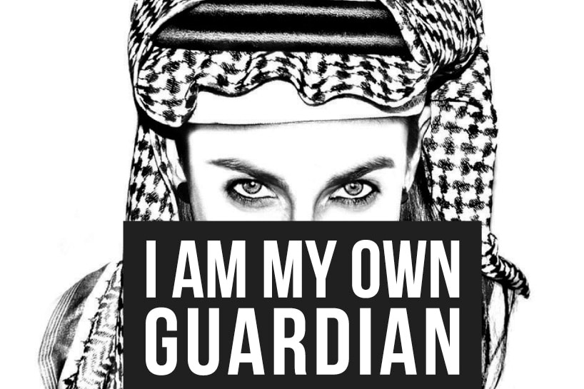 Street art image of woman protesting guardianship laws in Saudi Arabia.
