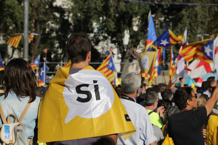 A man with a flag that read 'Si' joins a crowd with flags