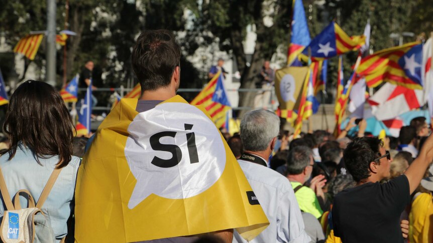 A man with a flag that read 'Si' joins a crowd with flags